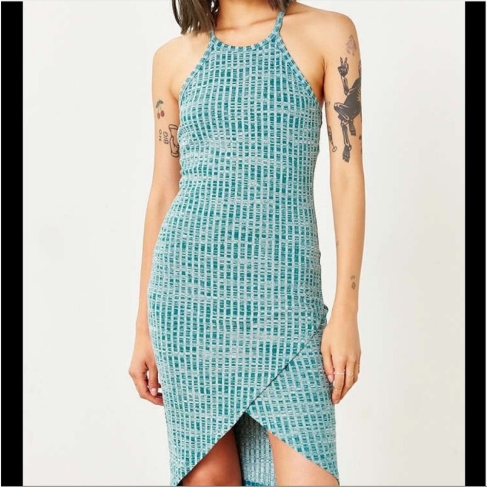 silence + noise teal textured halter mini tulip dress